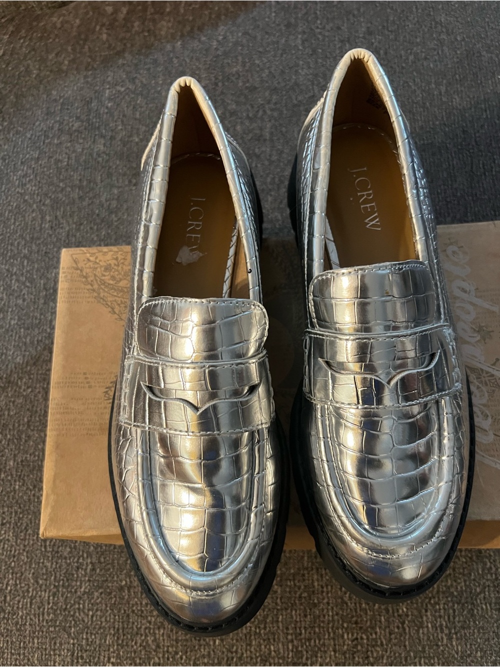 J. Crew Women's Metallic Silver Croc-Embossed Penny Loafers
